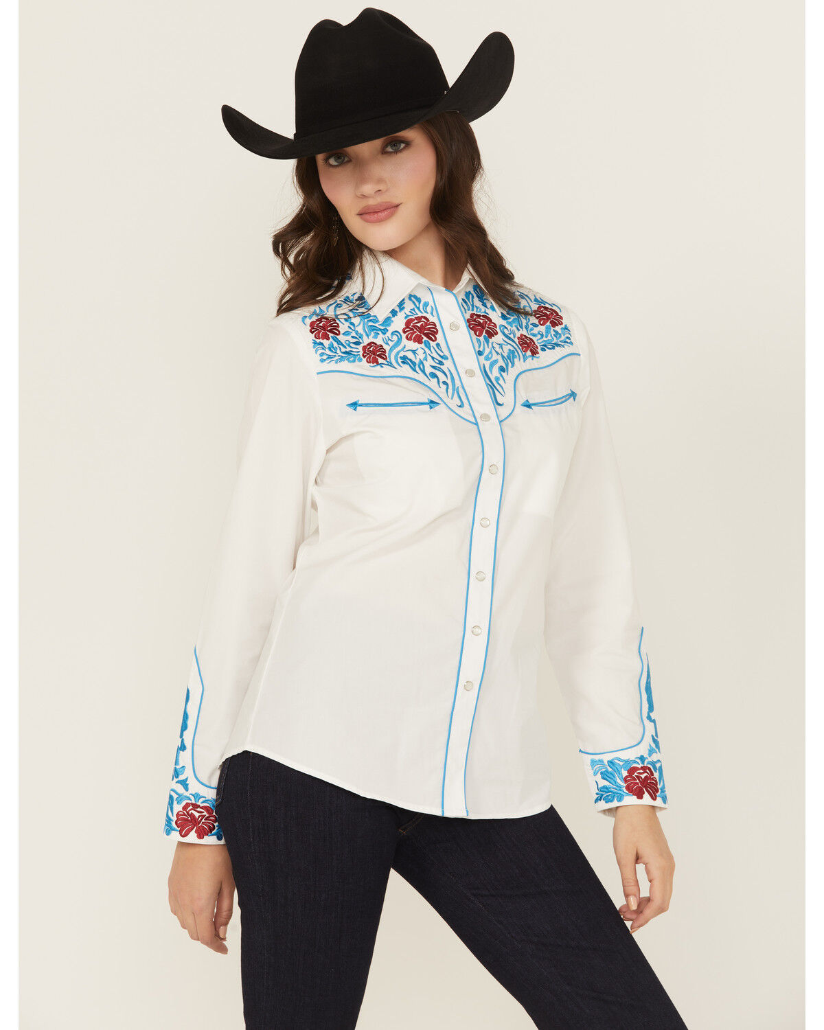 Image #1 - Rodeo Clothing Women's Floral Embroidered Long Sleeve Snap Stretch Western Shirt, White, hi-res