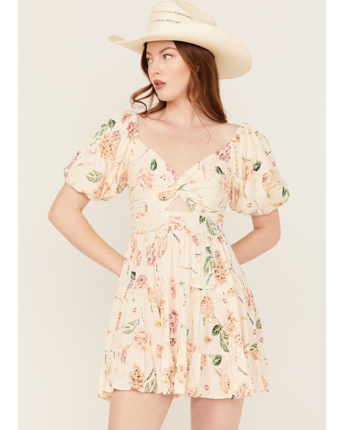 Image #1 - Angie Women's Floral Print Short Sleeve Mini Dress, Ivory, hi-res