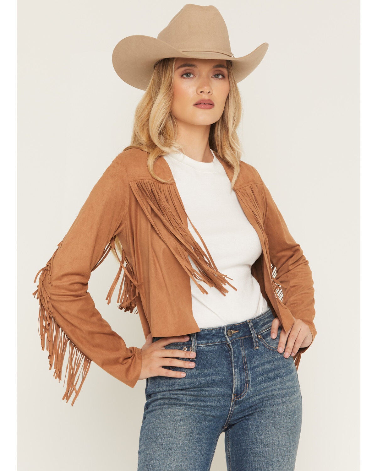 Image #1 - Shyanne Women's Deleon Faux Suede Cropped Fringe Jacket, Tan, hi-res