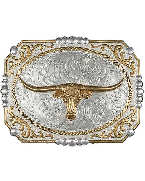 Image #1 - Montana Silversmiths Men's Two-Tone Cowboy Cameo with Longhorn Buckle, Silver, hi-res
