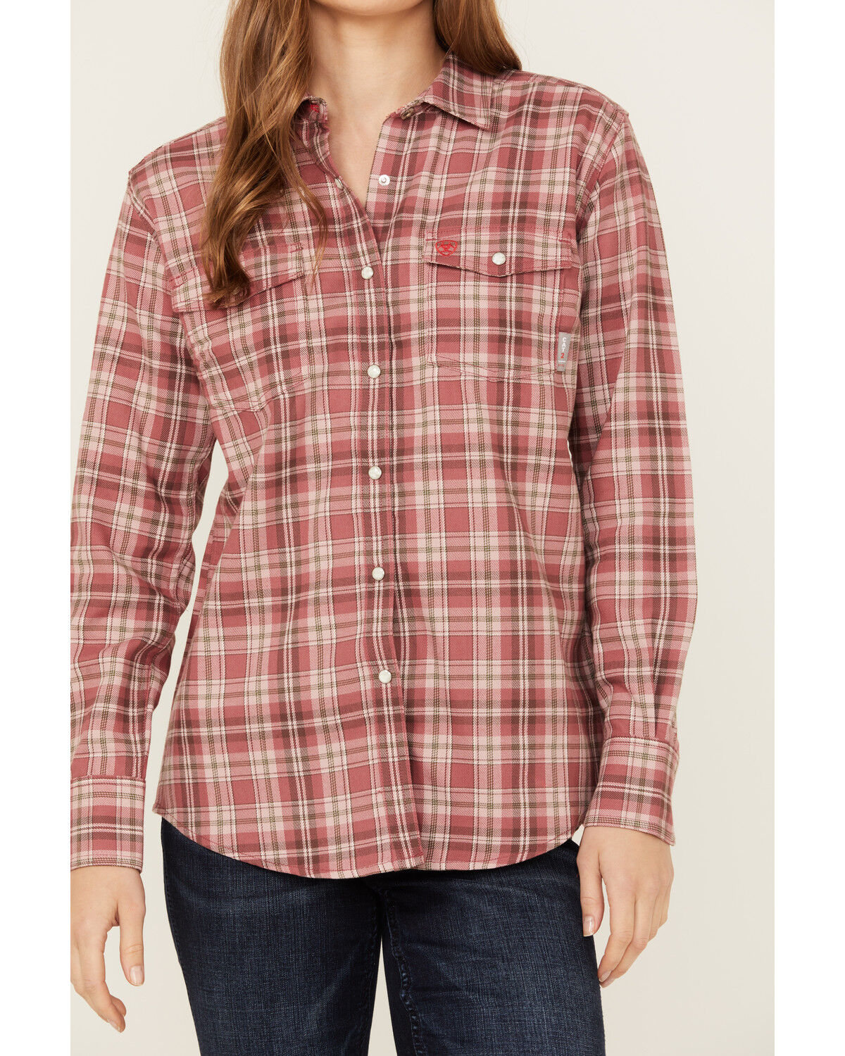 Image #3 - Ariat Women's FR Plaid Print Long Sleeve Snap Work Shirt, Pink, hi-res