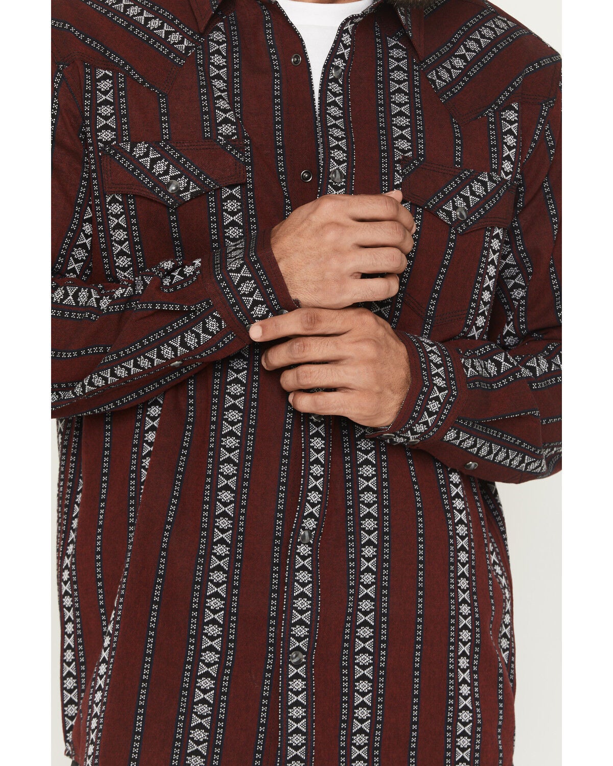 Image #3 - Moonshine Spirit&reg; Men's Guitar Strap Dobby Stripe Long Sleeve Snap Western Shirt, Burgundy, hi-res