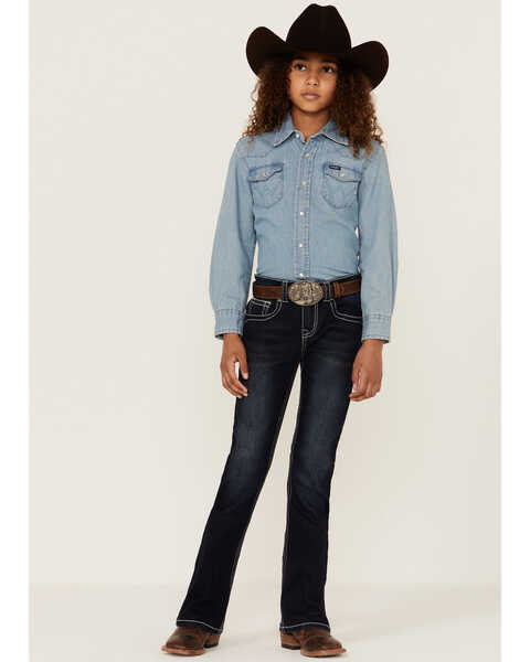 Shyanne Little Girls' Dark Wash Embroidered Half-Circle Pocket Bootcut Jeans, Blue, hi-res