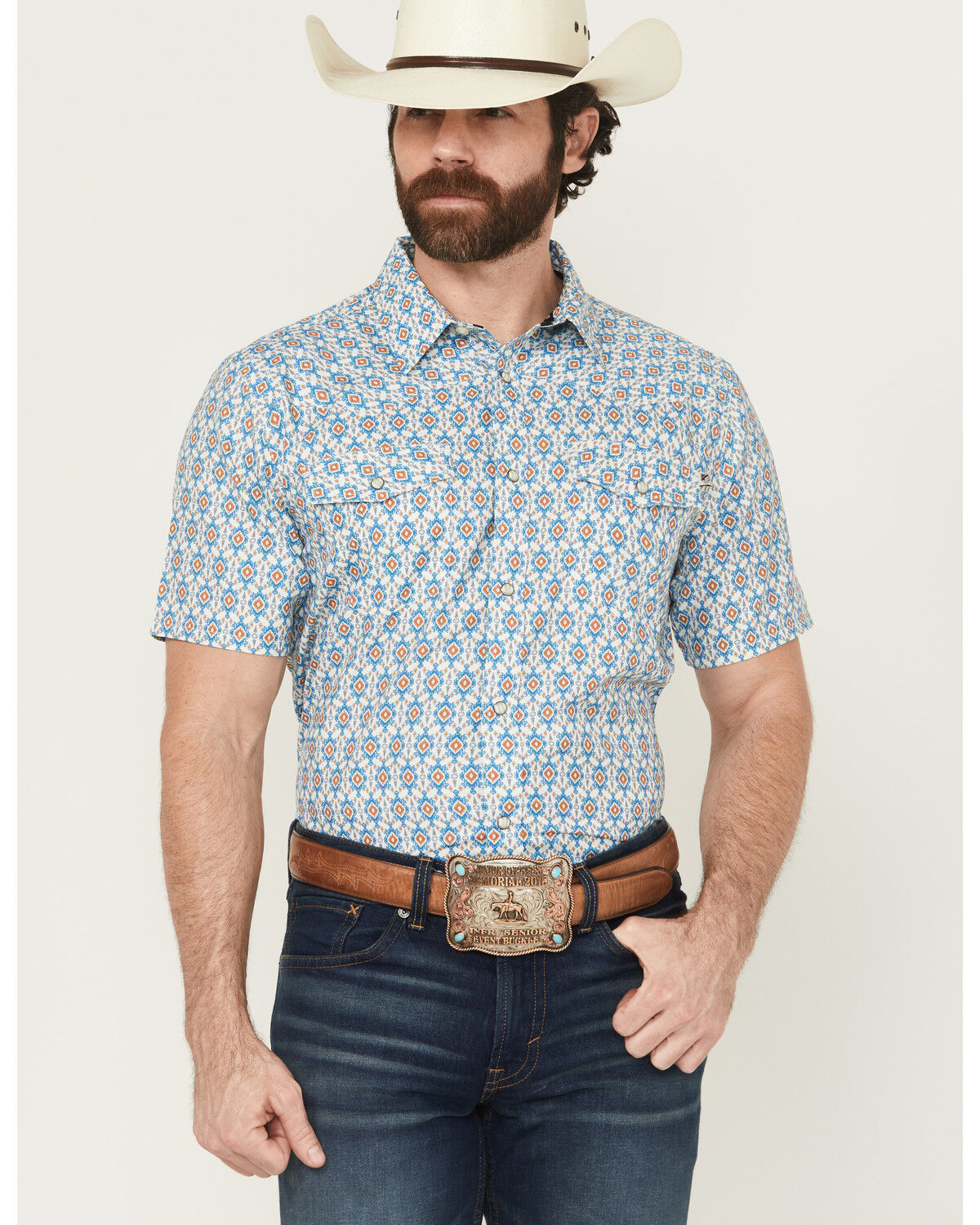 Image #1 - RANK 45® Men's Lozy Medallion Print Short Sleeve Snap Performance Western Shirt, White, hi-res