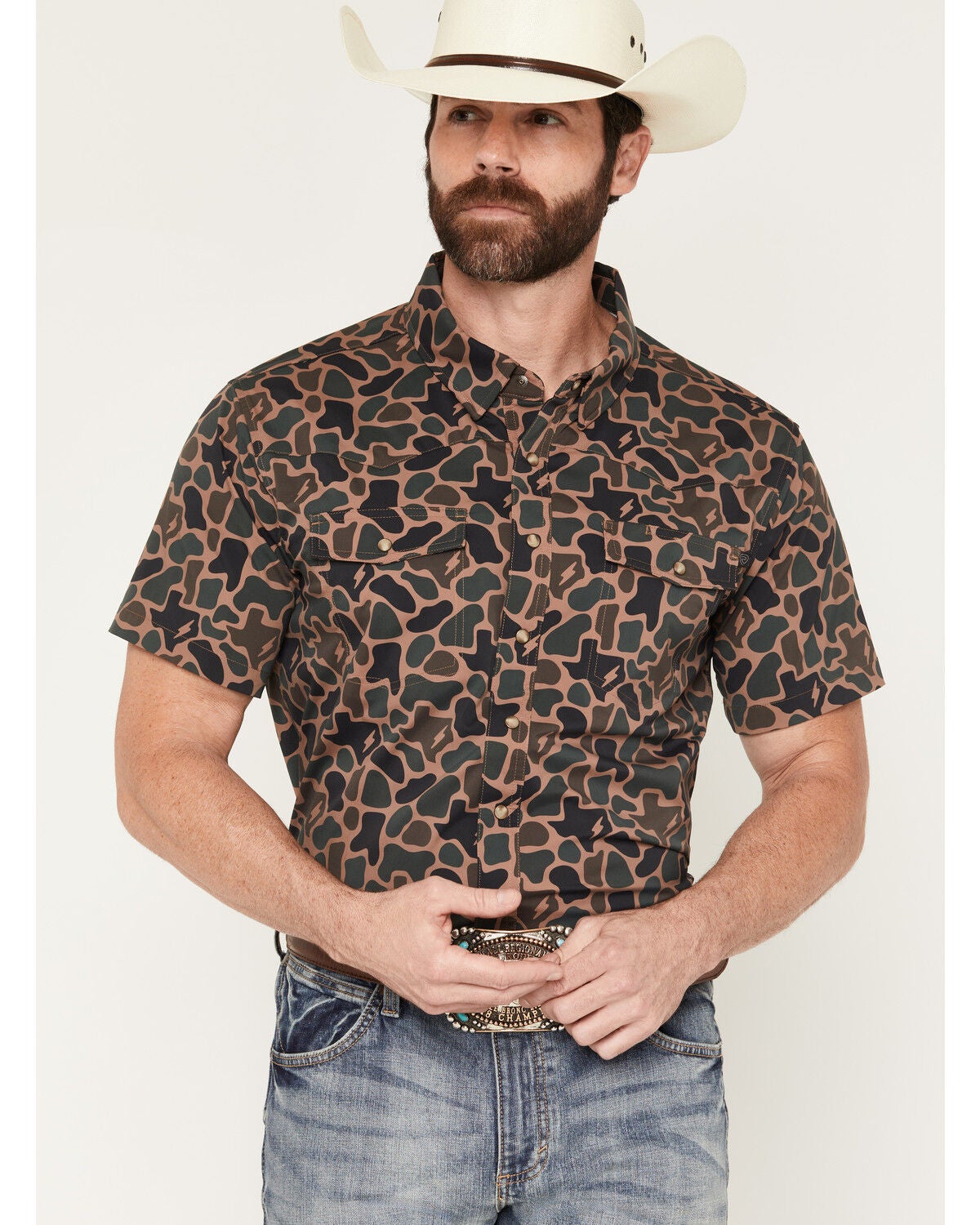 Image #1 - Rock & Roll Denim X Koe Wetzel Men's Camo Print Short Sleeve Snap Stretch Western Shirt, Camouflage, hi-res