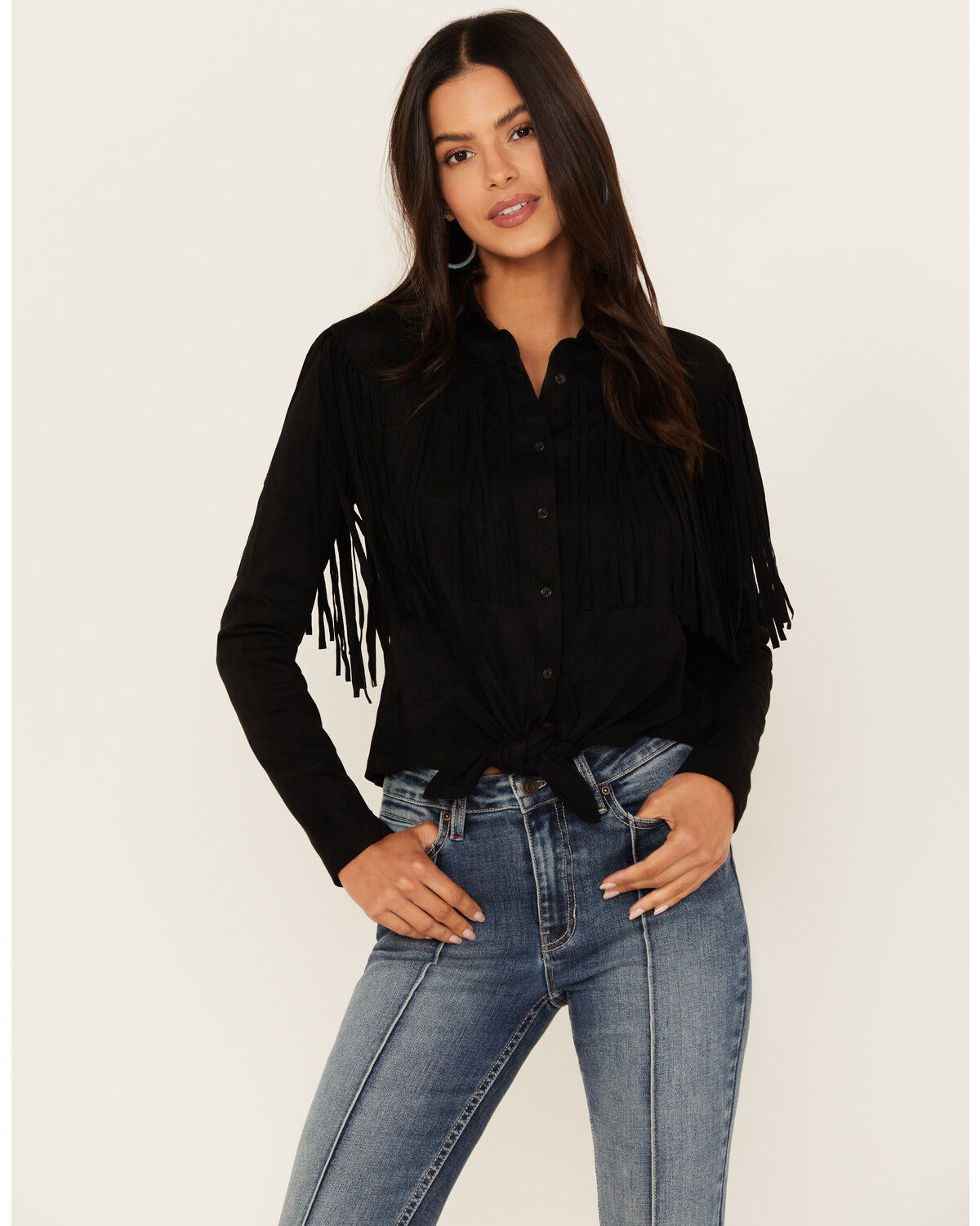 Image #1 - Idyllwind Women's Fate Tie Front Faux Suede Fringe Top, Black, hi-res