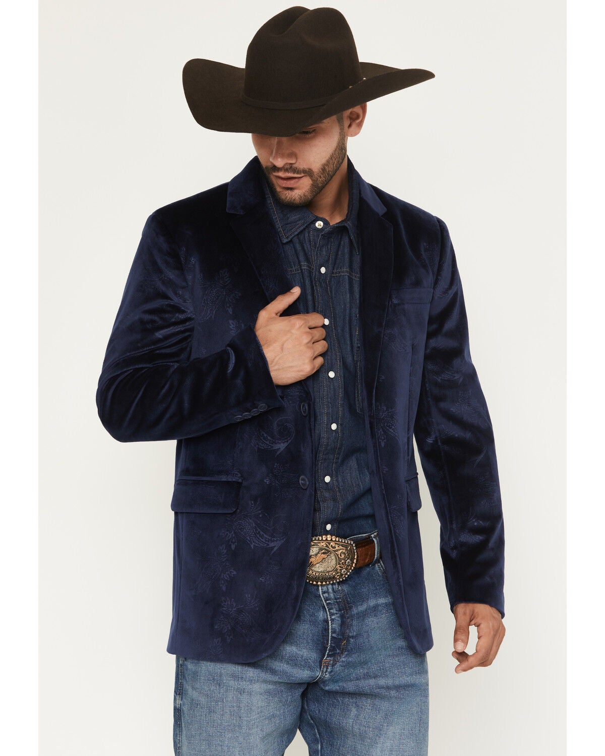 Image #1 - Rock & Roll Denim Men's Paisley Velvet Modern Fit Sportcoat, Navy, hi-res