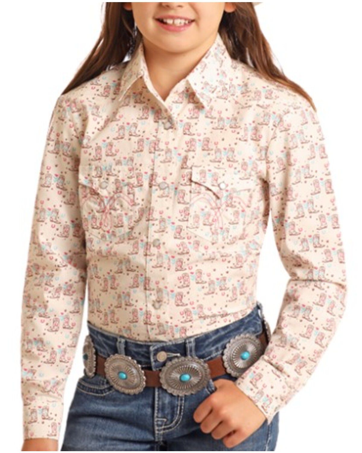 Image #1 - Panhandle Girls' Cowboy Print Long Sleeve Snap Western Shirt, Ivory, hi-res
