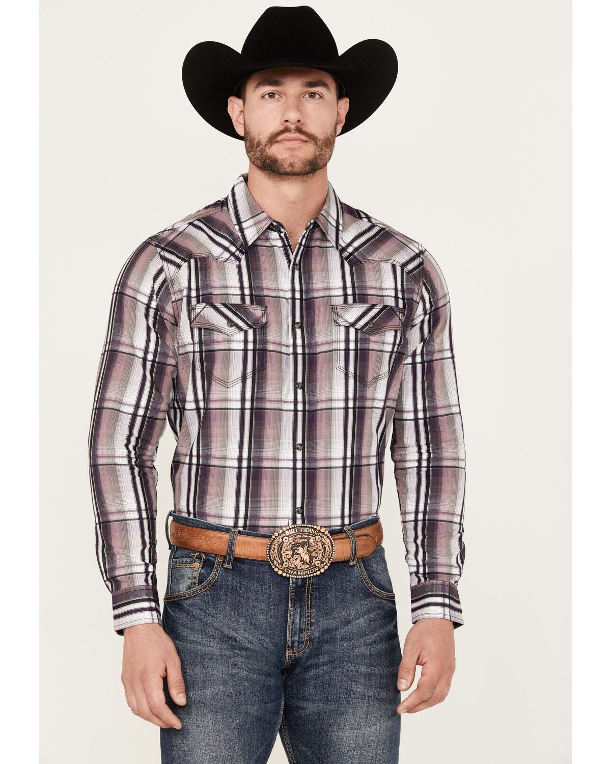 Moonshine Spirit&reg; Men's Back Stage Plaid Print Long Sleeve Snap Western Shirt, Purple, hi-res