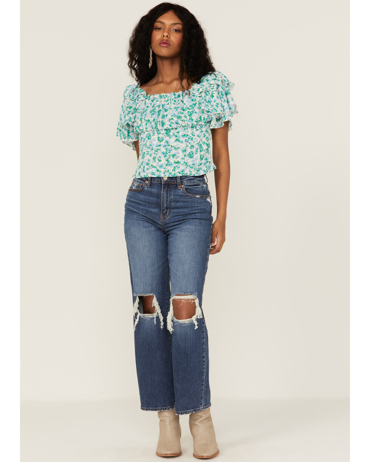 Image #2 - Molly Bracken Women's Floral Pattern Ruffle Sleeve Top, Blue, hi-res