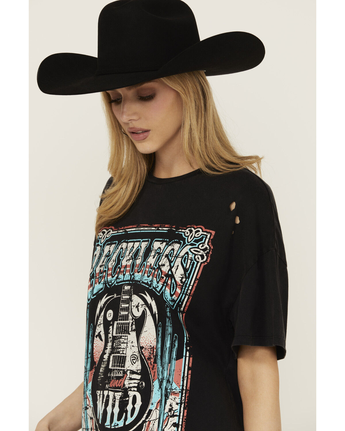 Image #2 - Rock & Roll Denim Women's Reckless and Wild Guitar Short Sleeve Graphic Tee, Black, hi-res