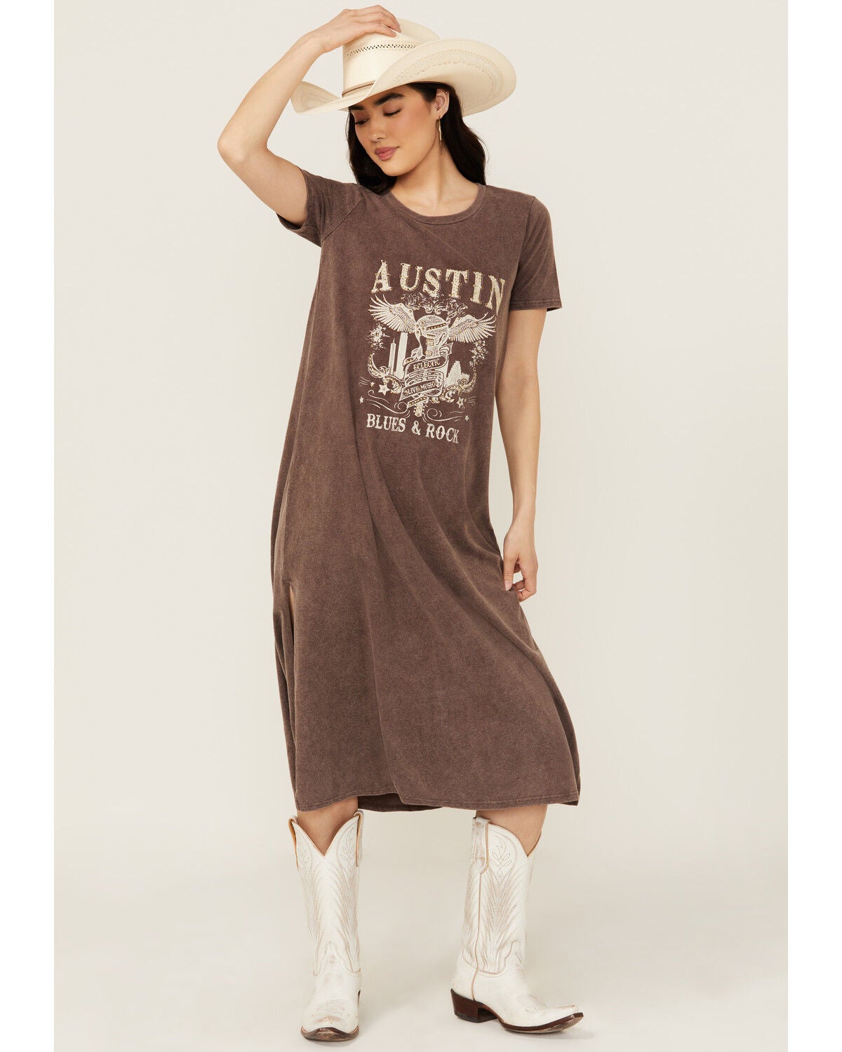 Blended Women's Austin Short Sleeve Graphic Midi T-Shirt Dress, Dark Brown, hi-res