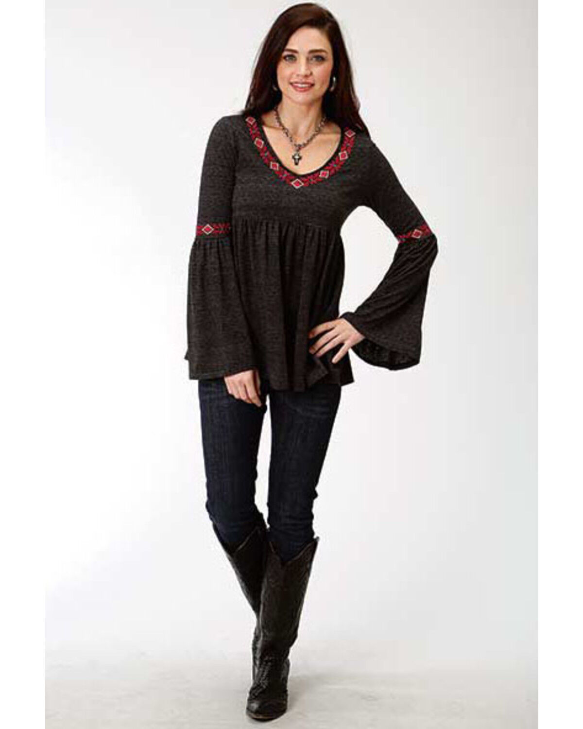 Image #3 - Studio West Women's Bell Sleeve Embroidered Top, Black, hi-res