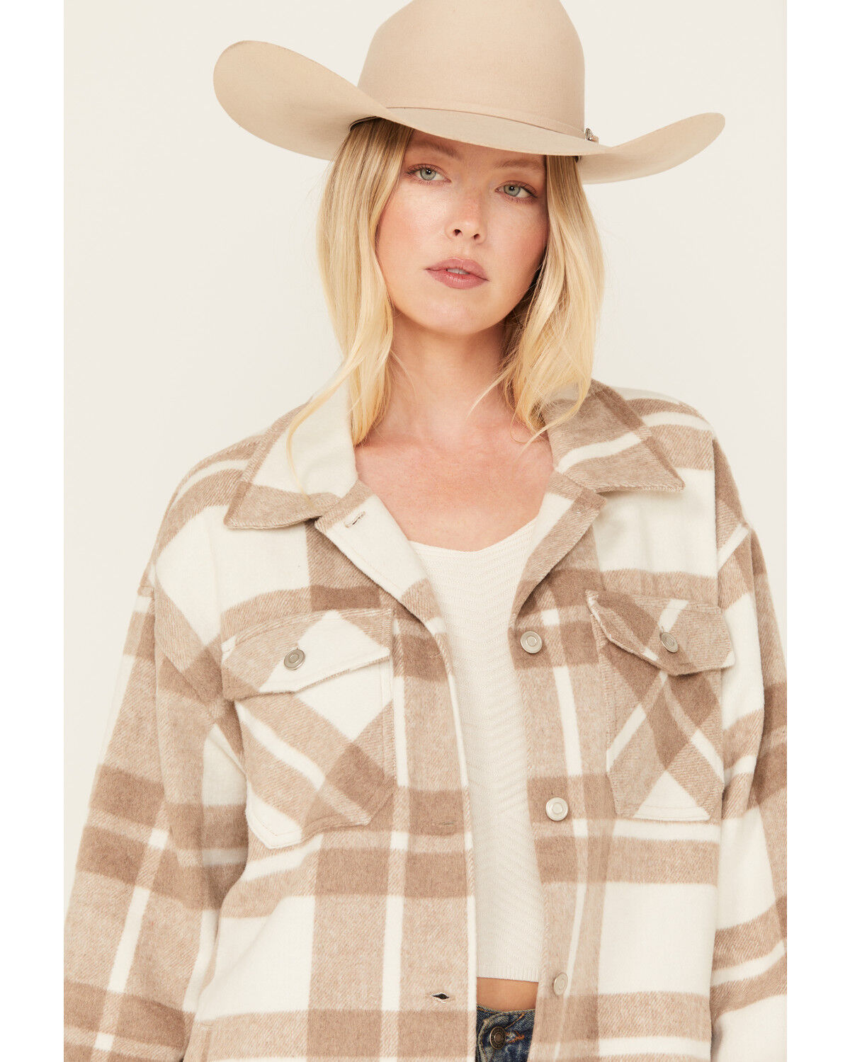 Image #2 - 26 International Women's Plaid Print Shacket, Tan, hi-res