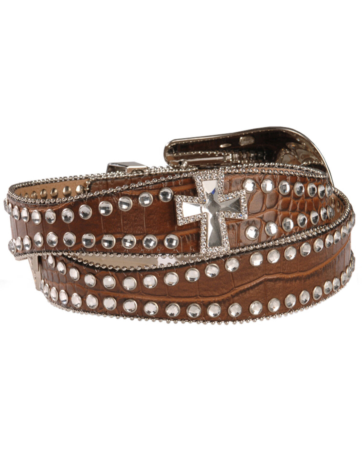 Image #2 - Blazin Roxx Scalloped Rhinestone Cross Croc Print Belt, Brown, hi-res