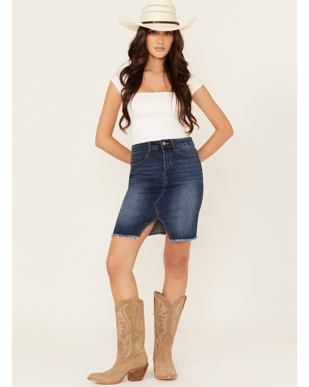 Image #1 - Vervet Women's Dark Wash Raw Hem Mini Skirt, Blue, hi-res