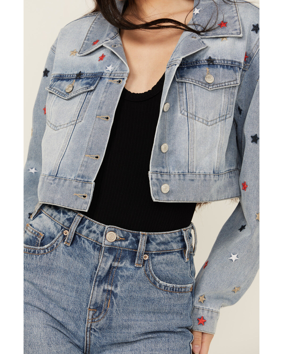 Image #3 - Stoosh Women's Medium Wash Star Embroidered Cropped Denim Jacket, Medium Wash, hi-res