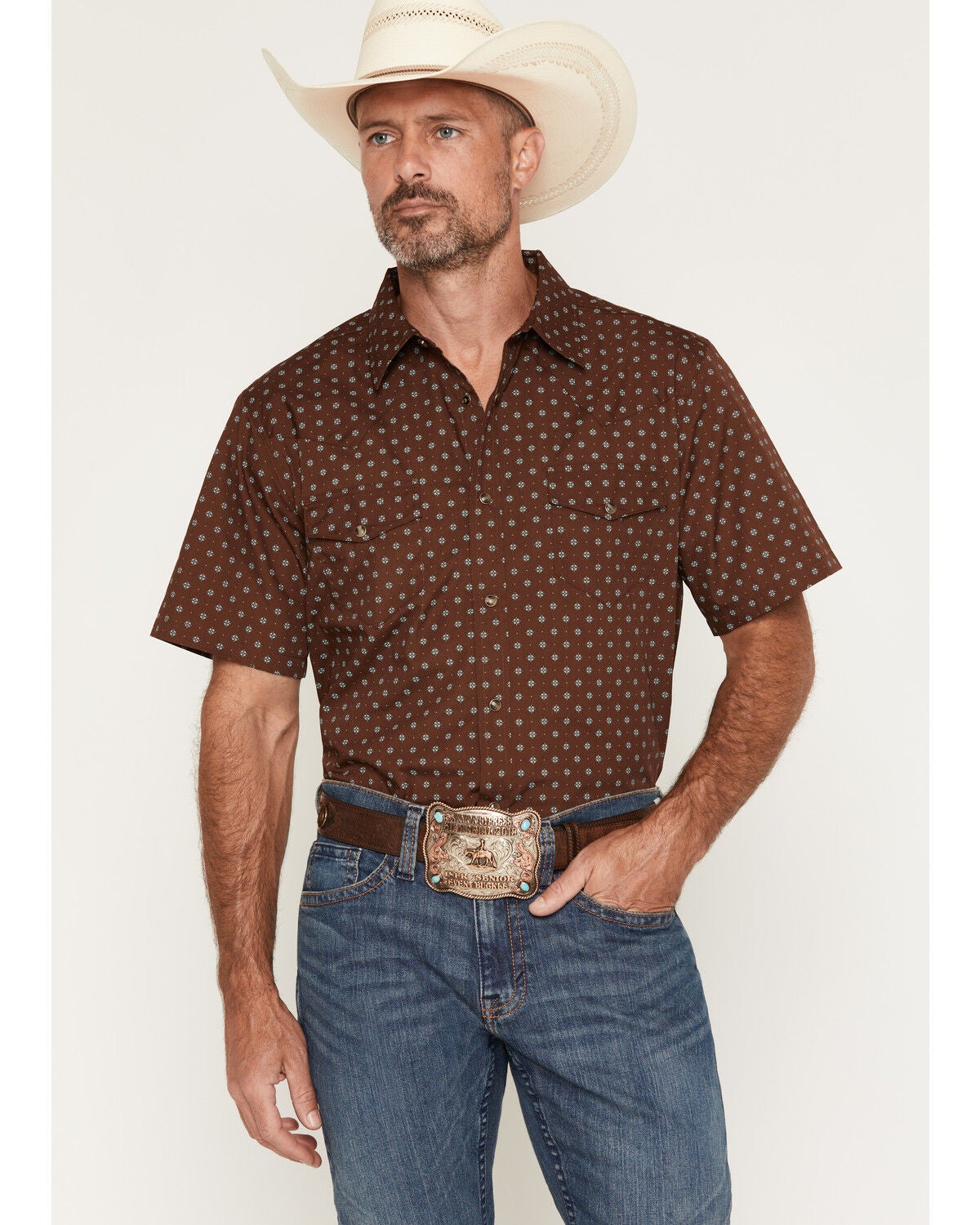 Gibson Trading Co Men's Gamer Geo Print Short Sleeve Snap Western Shirt, Brown, hi-res