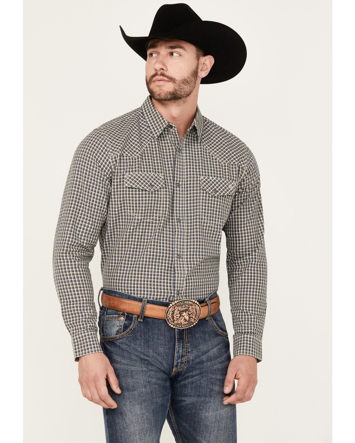 Blue Ranchwear Men's Dickens Plaid Print Long Sleeve Snap Shirt, Moss Green, hi-res