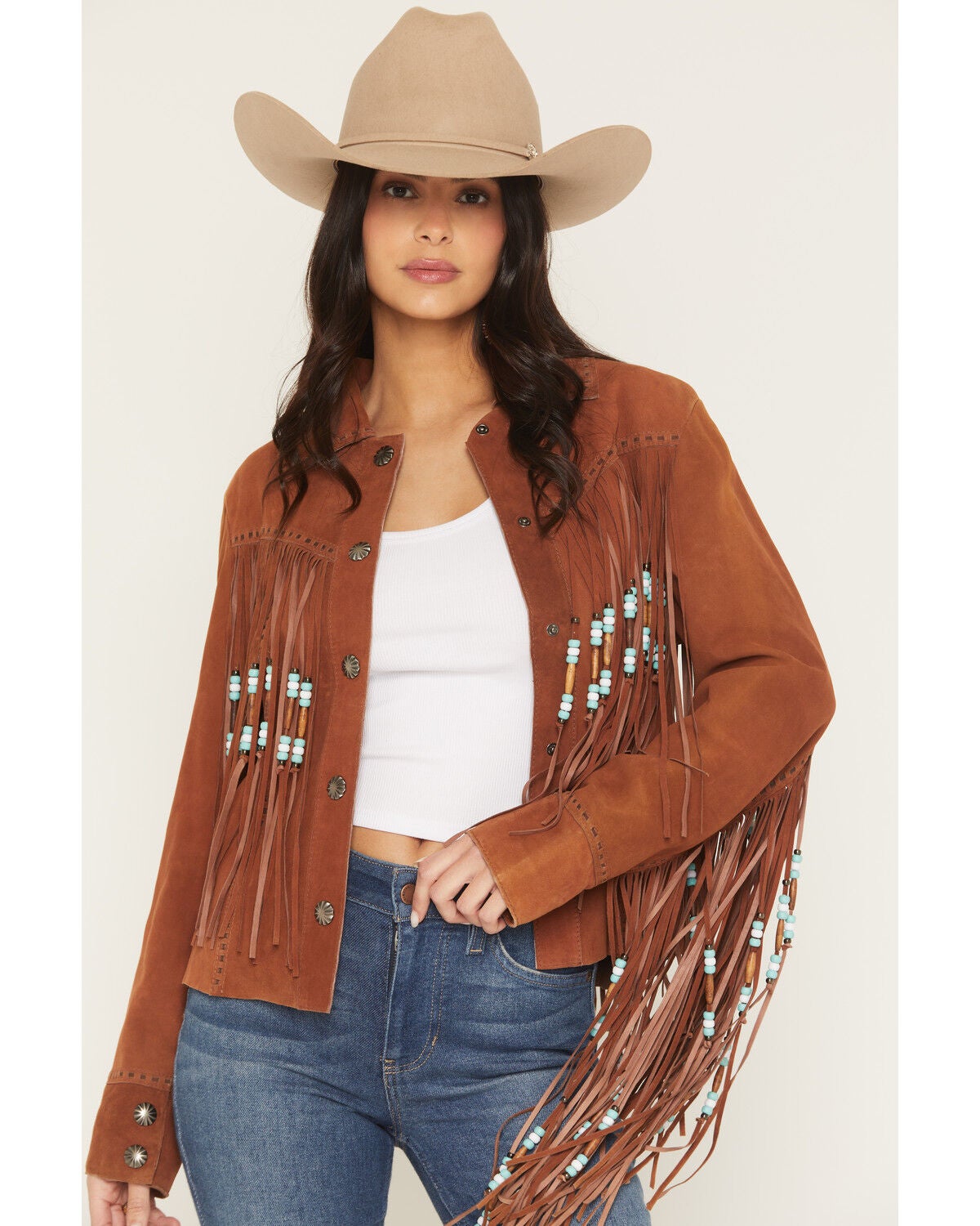 Cripple Creek Women's Amberglow Hand Laced Snap Front Suede Jacket, Brown, hi-res