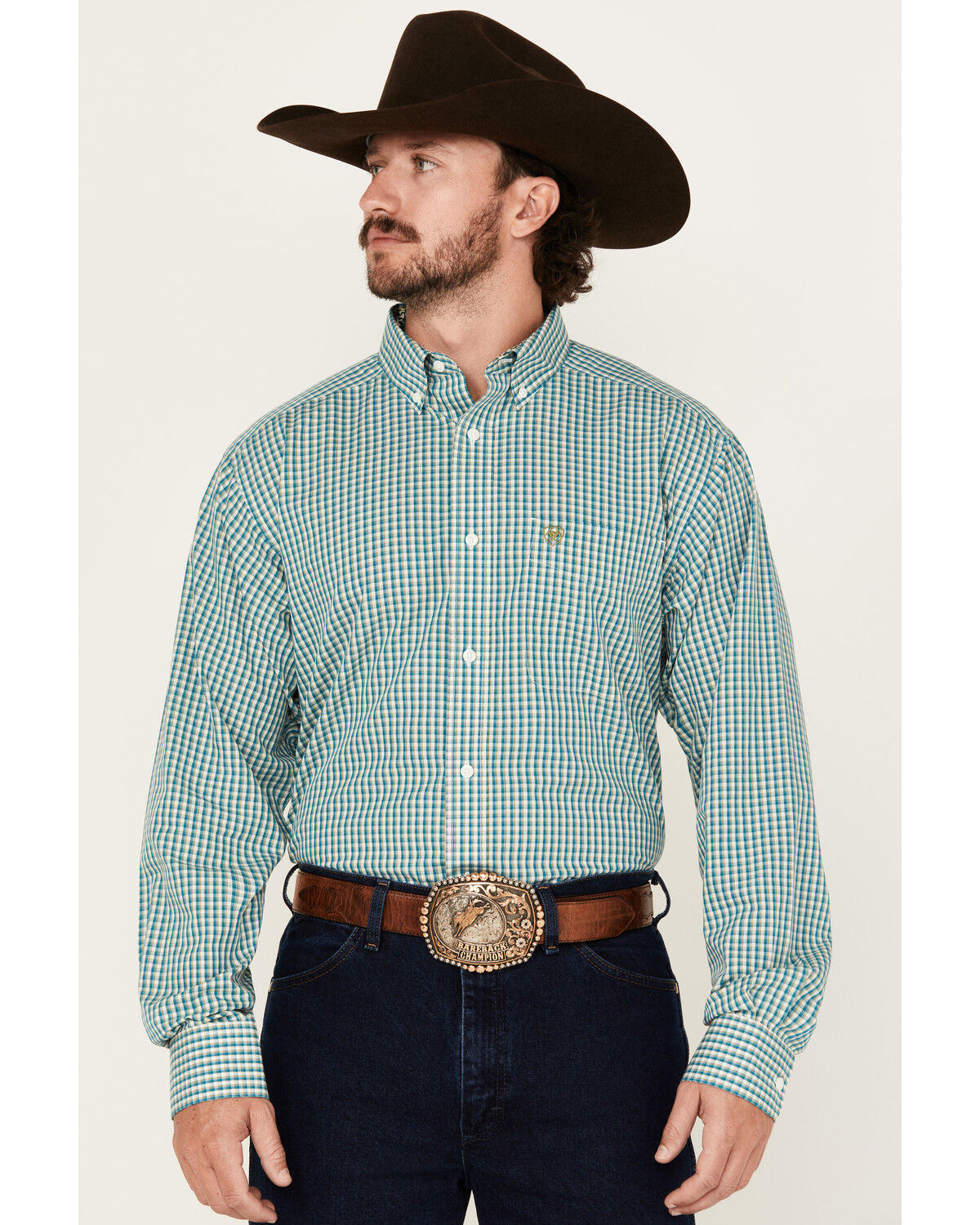 Image #1 - Ariat Men's Wrinkle Free Gus Plaid Print Long Sleeve Button-Down Western Shirt, Teal, hi-res