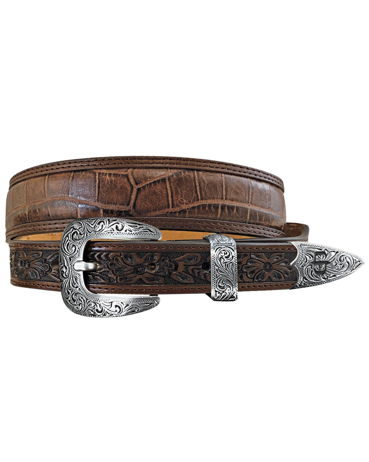 Image #1 - Stetson Men's Crocodile Print Tooled Leather Belt, Brown, hi-res
