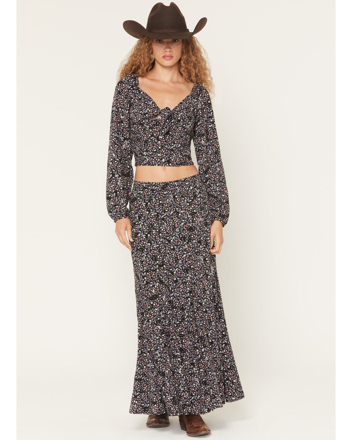 Image #1 - Idyllwind Women's Cory Ditsy Floral Print Long Sleeve Tie-Front Shirt, Black, hi-res