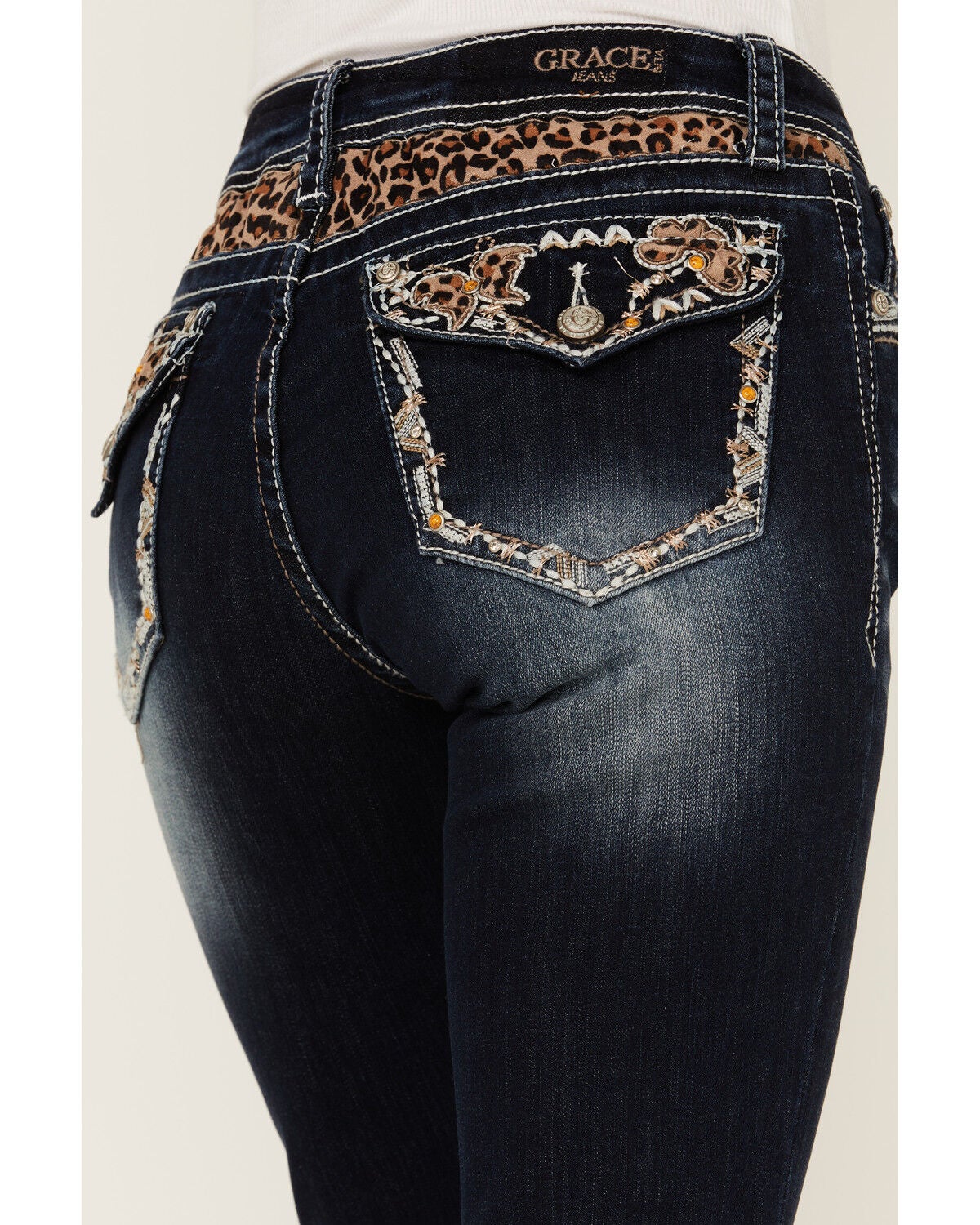 Leopard Print Pocket Bootcut Jeans 
