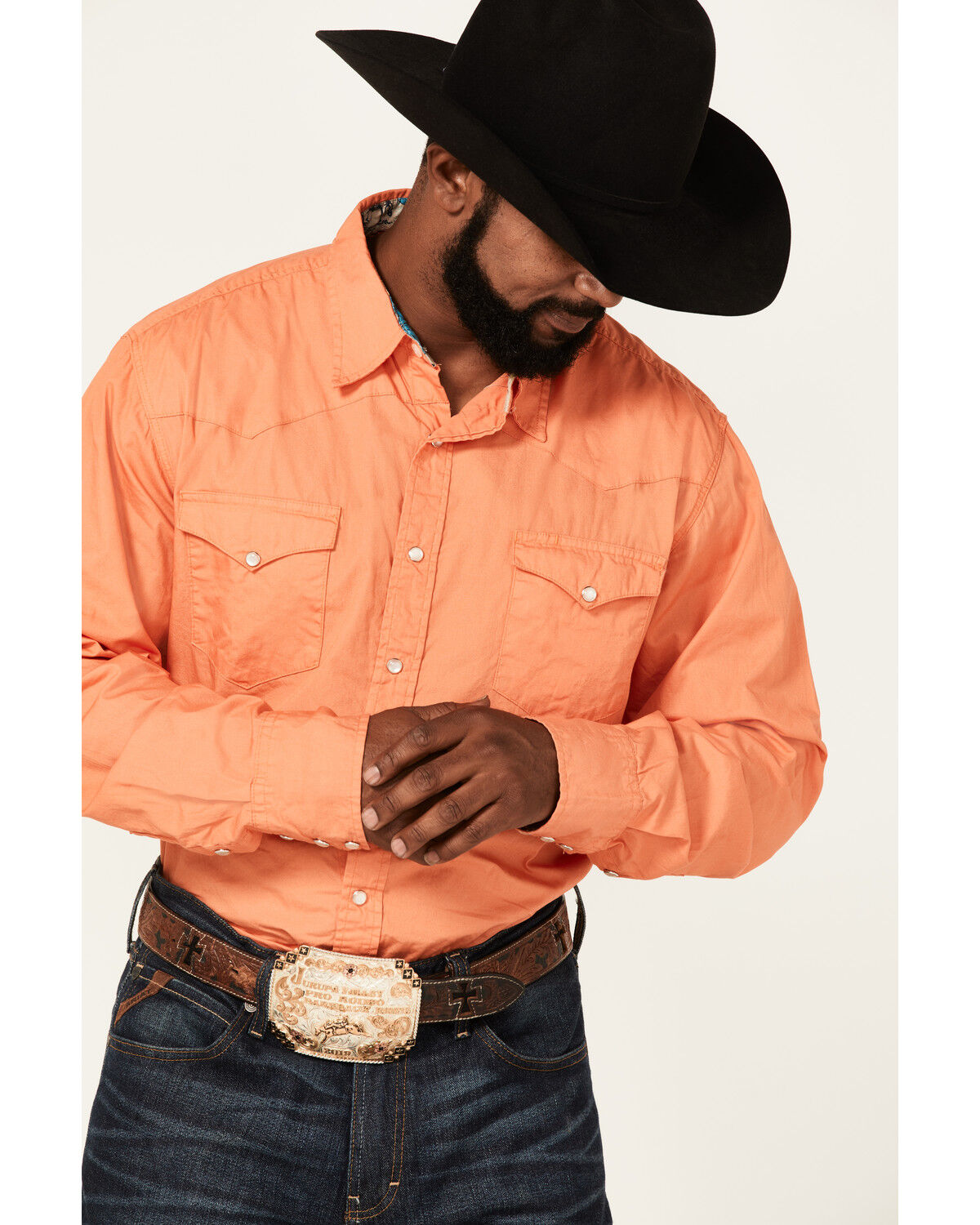 Image #3 - Roper Men's Poplin Long Sleeve Pearl Snap Western Shirt, Orange, hi-res