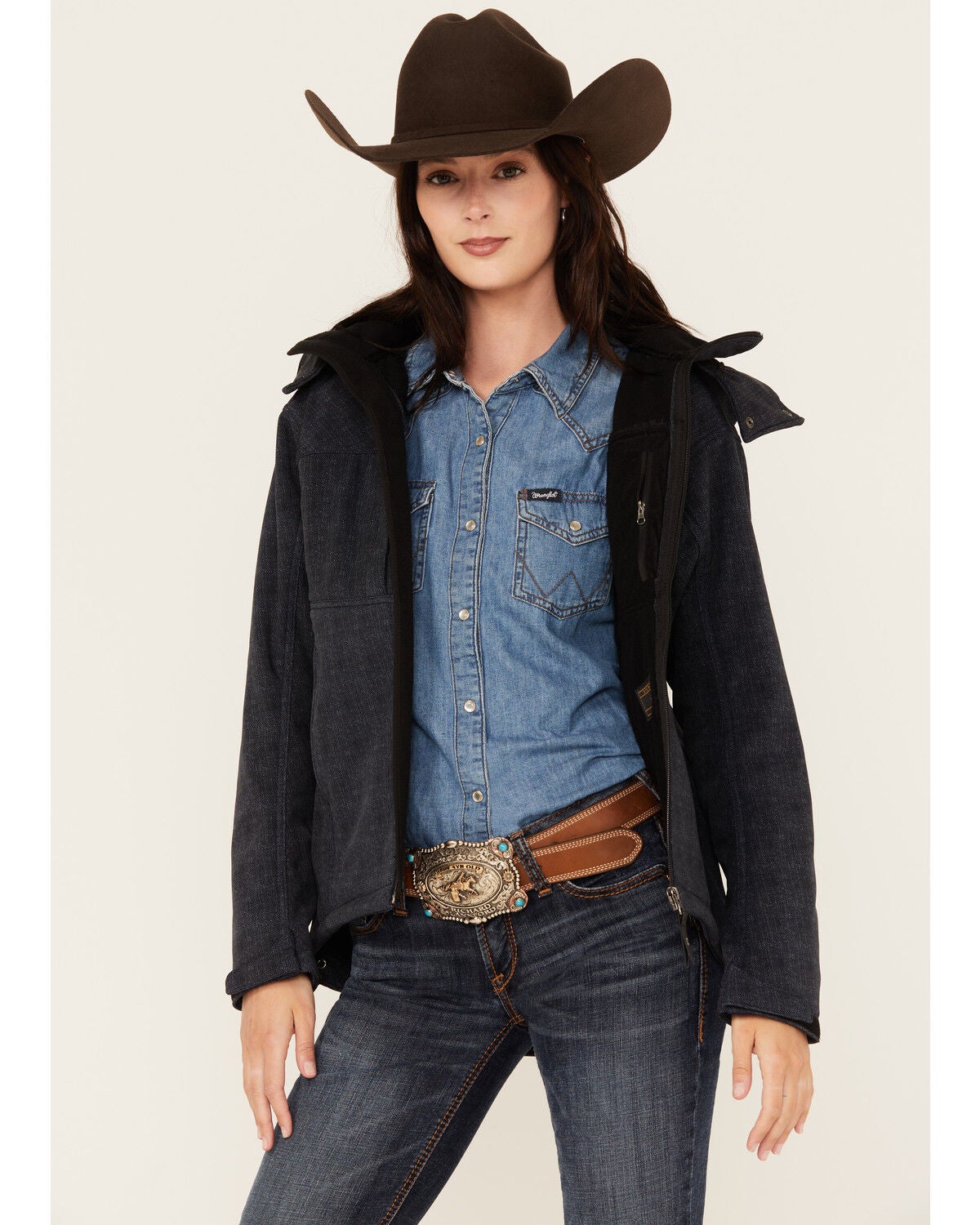 STS Ranchwear by Carroll Women's Dark Wash Denim Print Softshell Weston Hooded Jacket, Dark Wash, hi-res