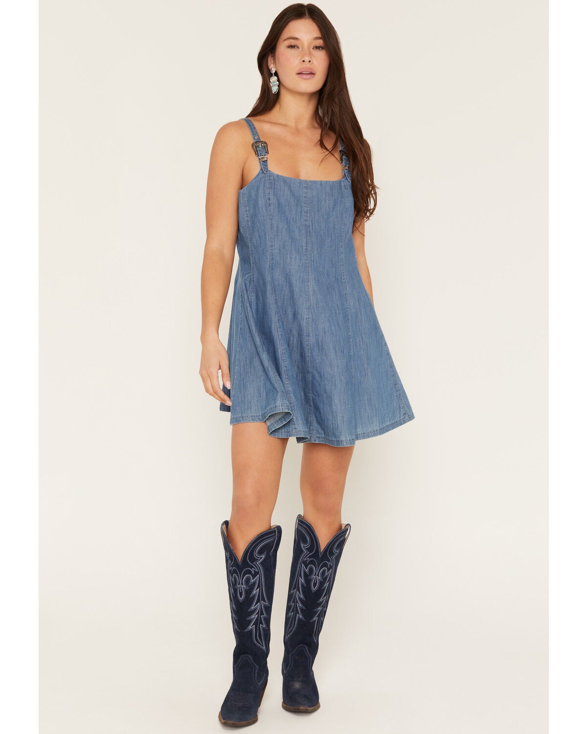 Rock & Roll Denim Women's Sleeveless Buckle Denim Mini Dress, Medium Wash, hi-res