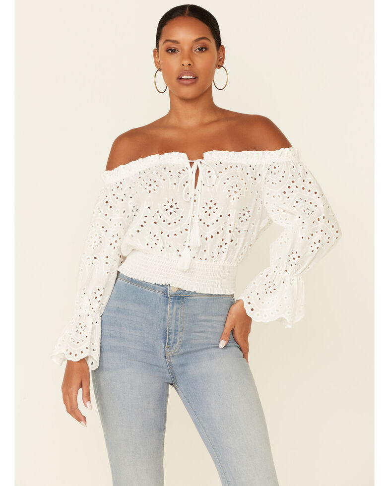 Flying Tomato Women S White Eyelet Off Shoulder Long Sleeve Crop Top Country Outfitter