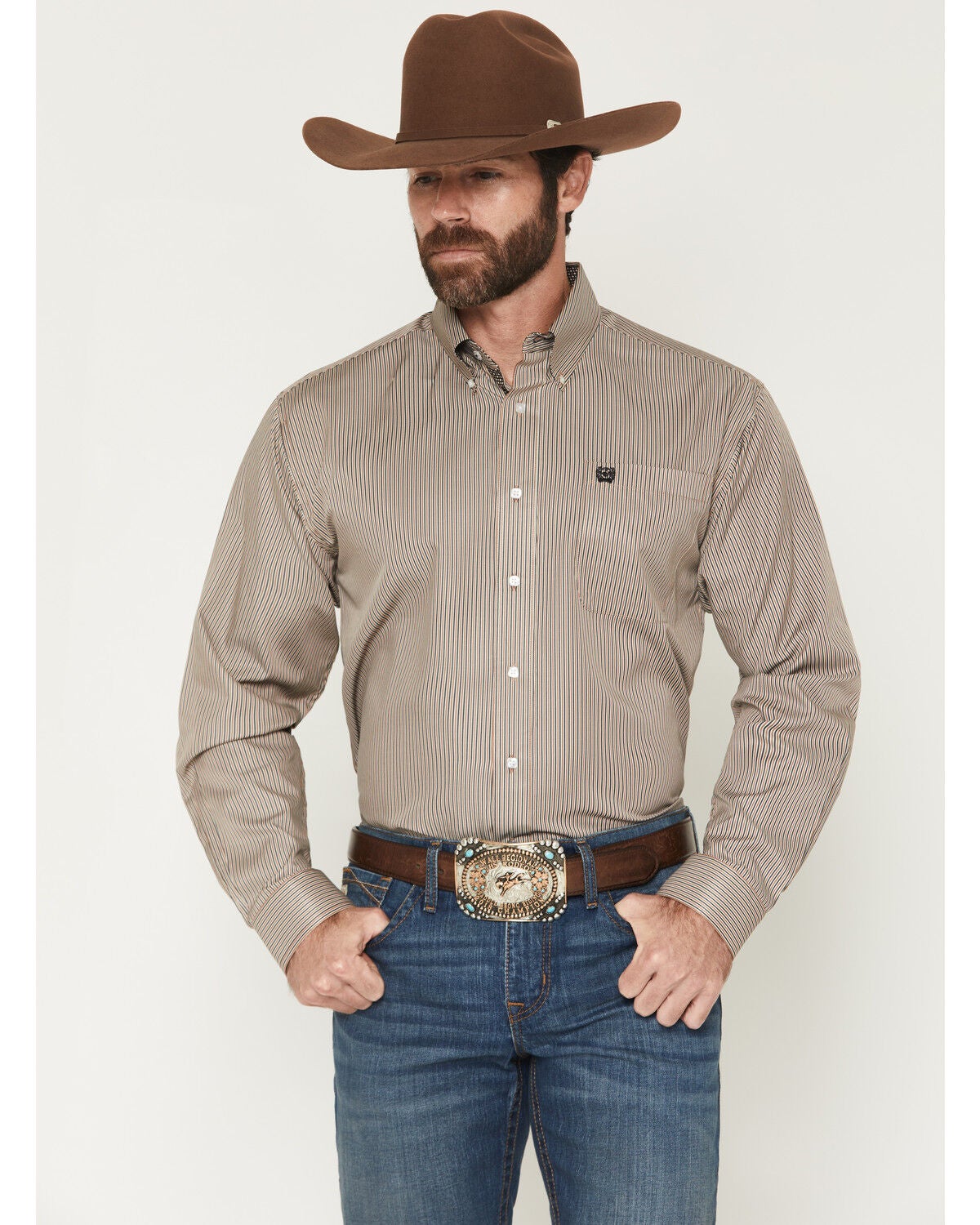 Image #1 - Cinch Men's Striped Print Tencel Long Sleeve Button-Down Western Shirt, Brown, hi-res