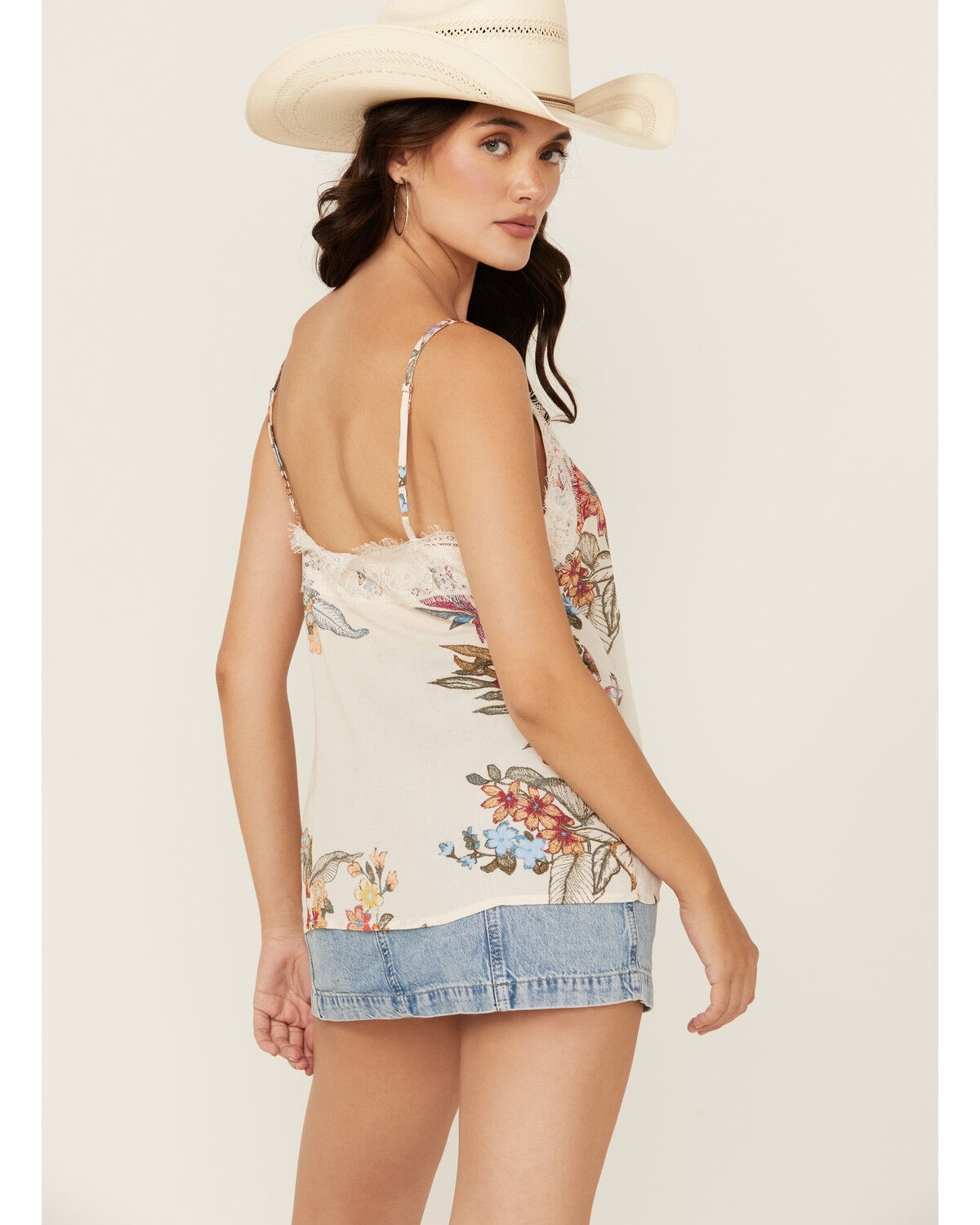 Image #4 - Wild Moss Women's Floral Print Lace Trim Cami Tank Top, Cream, hi-res