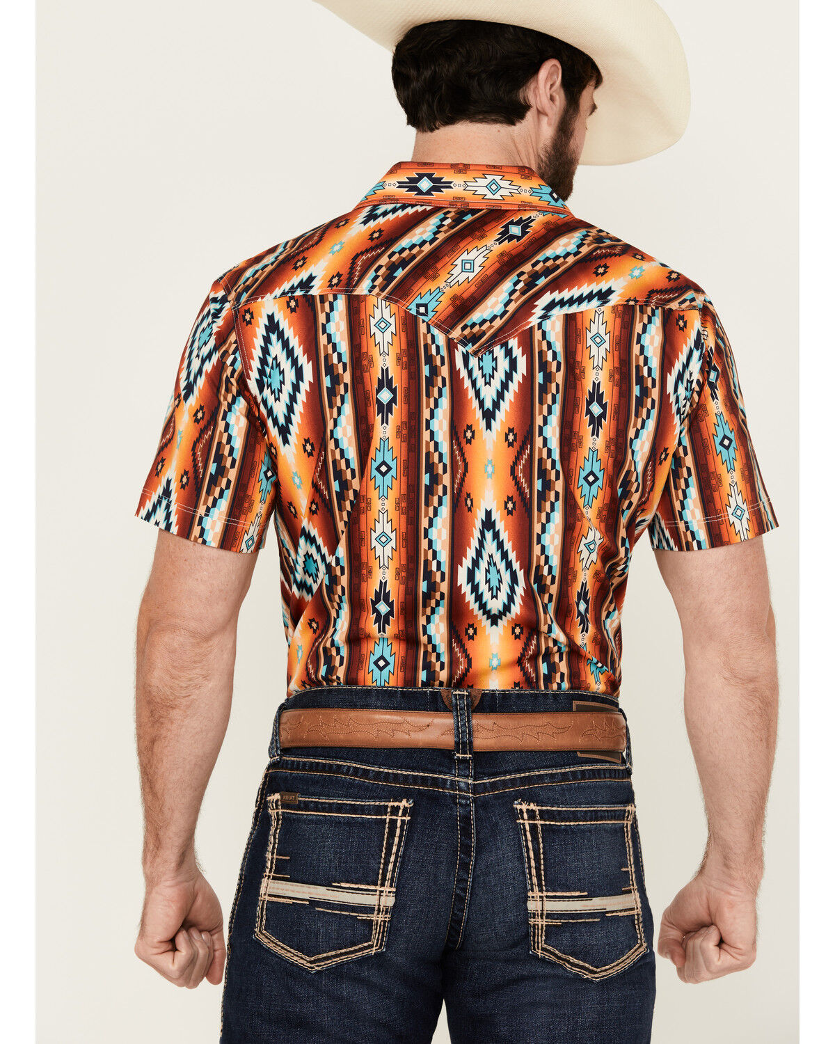 Image #4 - Rock & Roll Denim Men's Southwestern Print Short Sleeve Snap Stretch Western Shirt, Orange, hi-res
