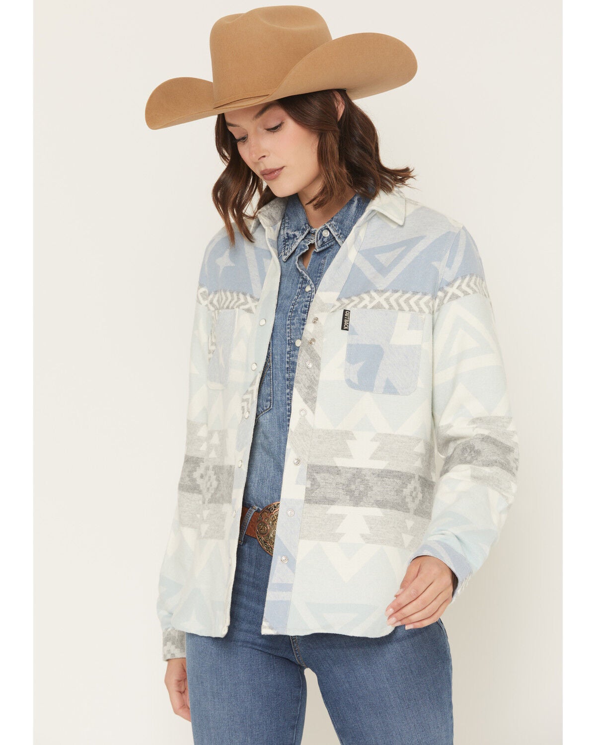 Outback Trading Co Women's Camille Southwestern Print Snap Western Shirt, Light Blue, hi-res