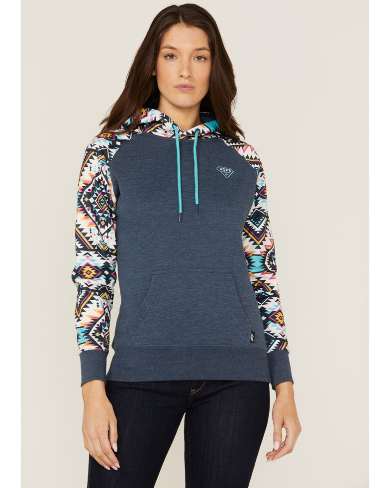 Hooey Women's Rope Like A Girl Southwestern Pullover Hoodie Sweatshirt, Navy, hi-res