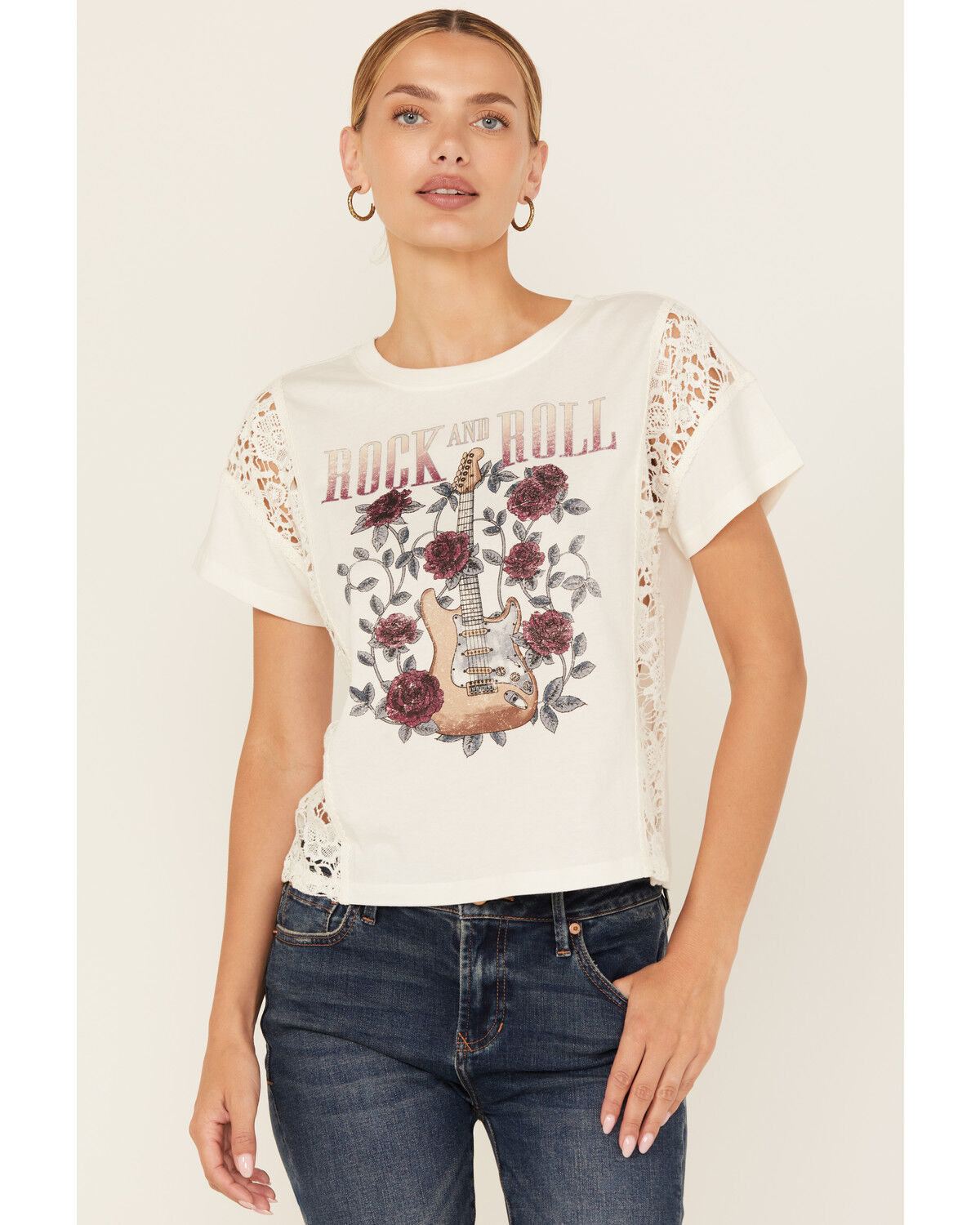 Image #1 - Shyanne Women's Rock & Roll Lace Short Sleeve Graphic Tee, Off White, hi-res