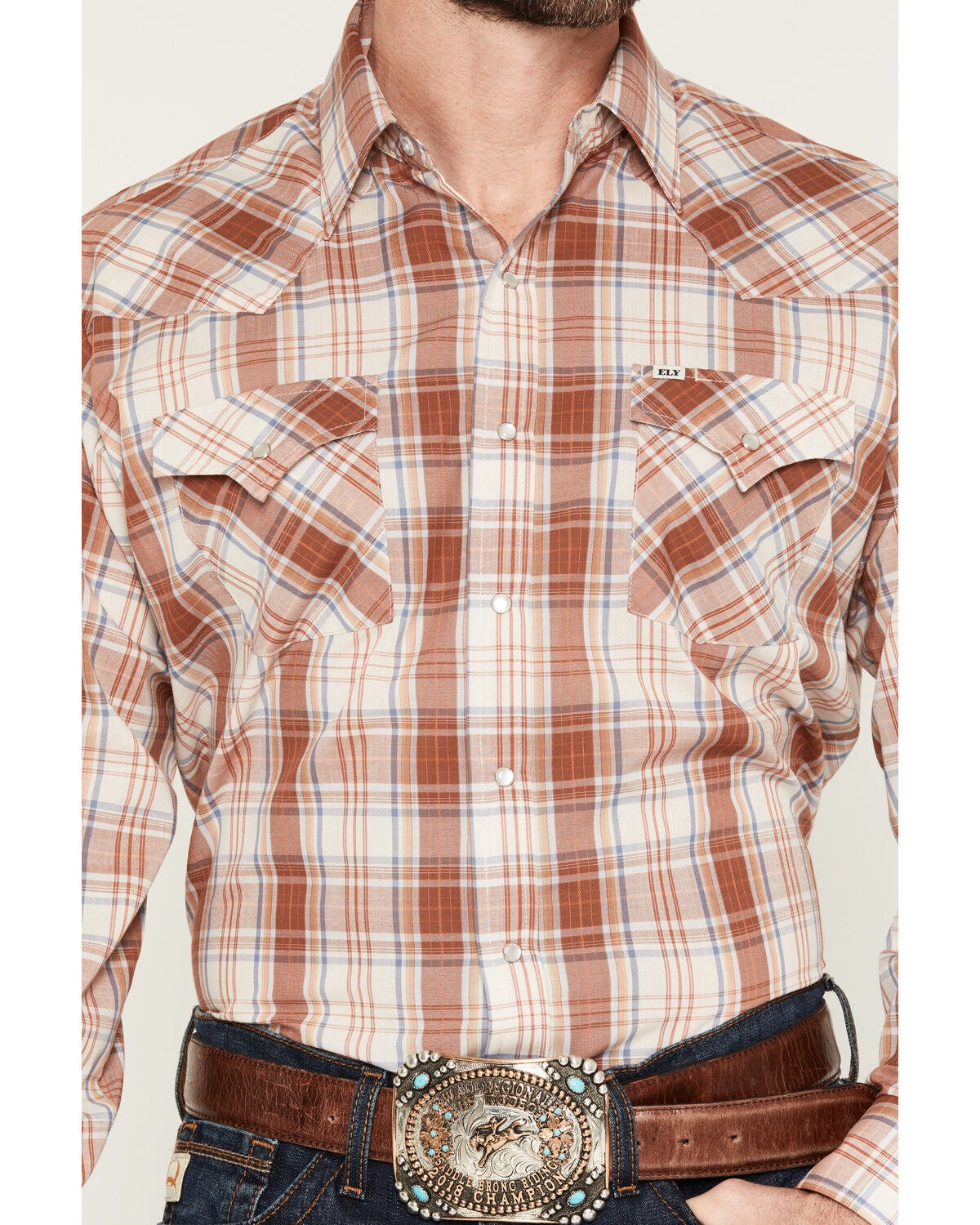 Image #3 - Ely Walker Men's Plaid Print Long Sleeve Pearl Snap Western Shirt, Rust Copper, hi-res