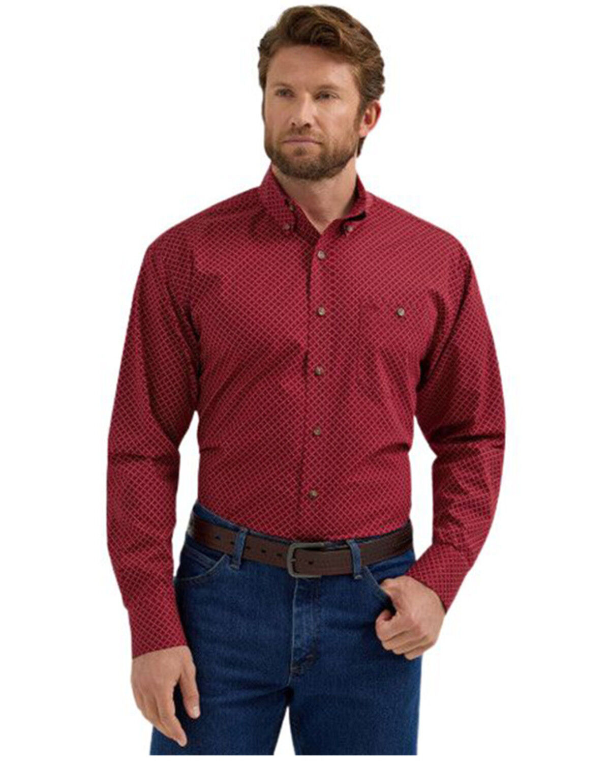 Image #1 - Wrangler Men's Classics Geo Print Long Sleeve Button-Down Stretch Western Shirt, Red, hi-res