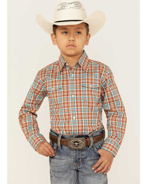 Wrangler Boys' Plaid Print Long Sleeve Pearl Snap Western Shirt , Brown, hi-res