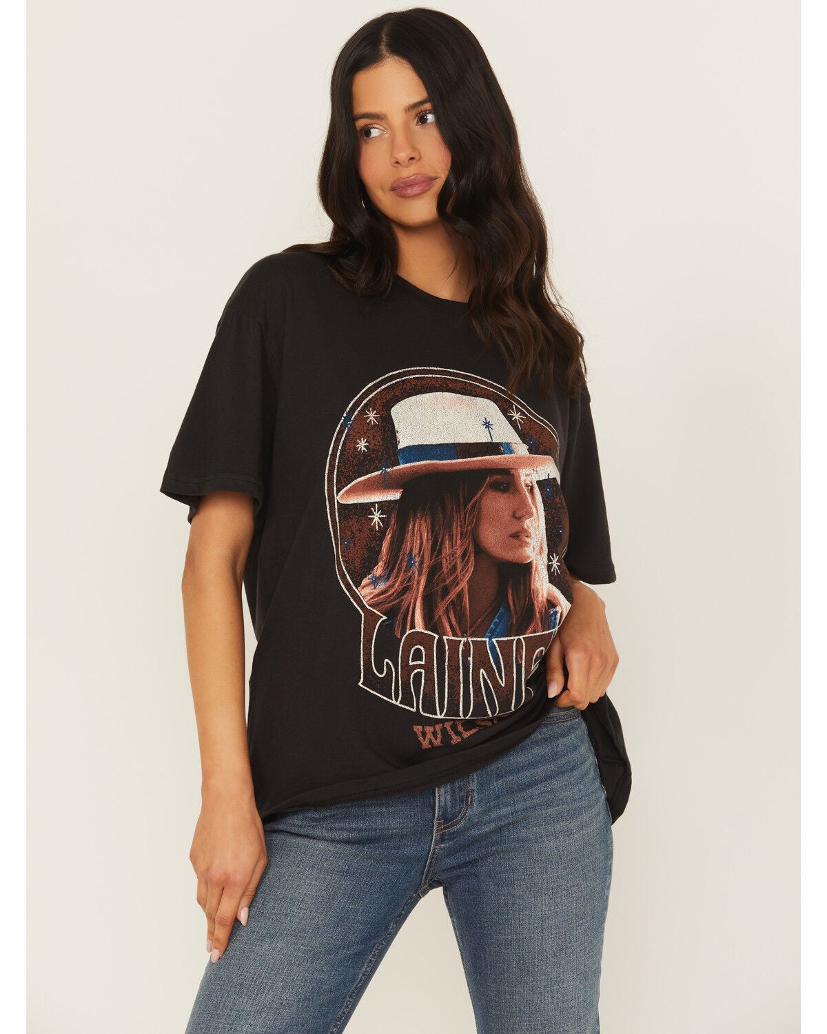 Wrangler X Lainey Wilson Women's Studded Girlfriend Short Sleeve Graphic Tee, Black, hi-res
