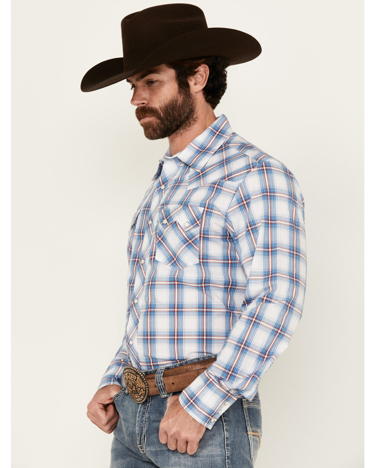 Image #2 - Wrangler Retro Men's Plaid Print Long Sleeve Snap Western Shirt, Blue, hi-res