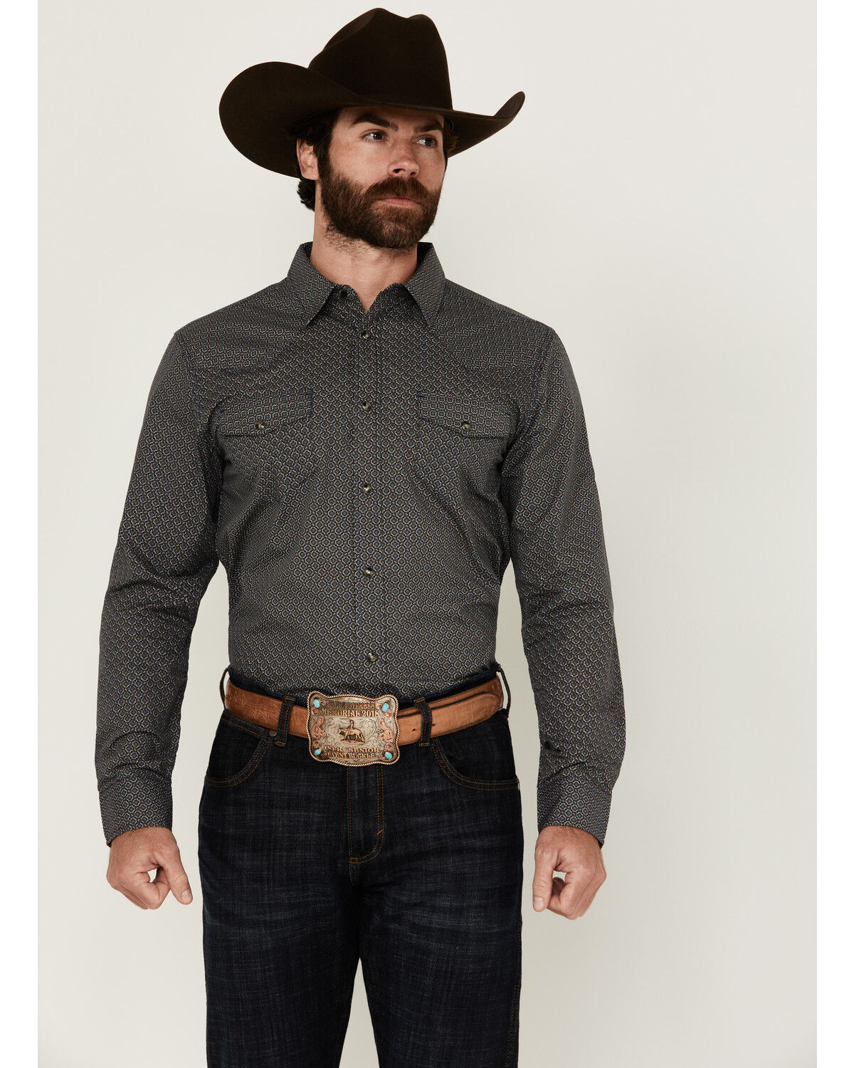 Image #1 - Gibson Trading Co Men's Northern Light Geo Print Long Sleeve Snap Western Shirt, Black, hi-res