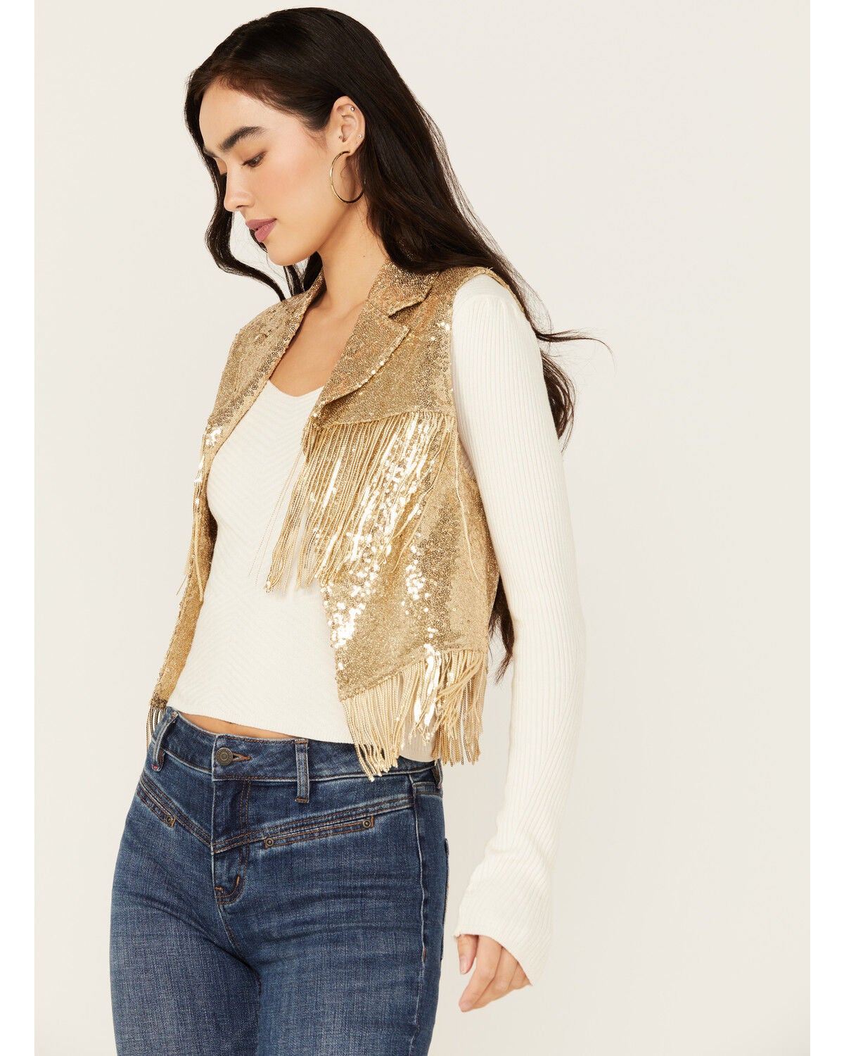 Saints & Hearts Women's Sequins Fringe Vest, Gold, hi-res