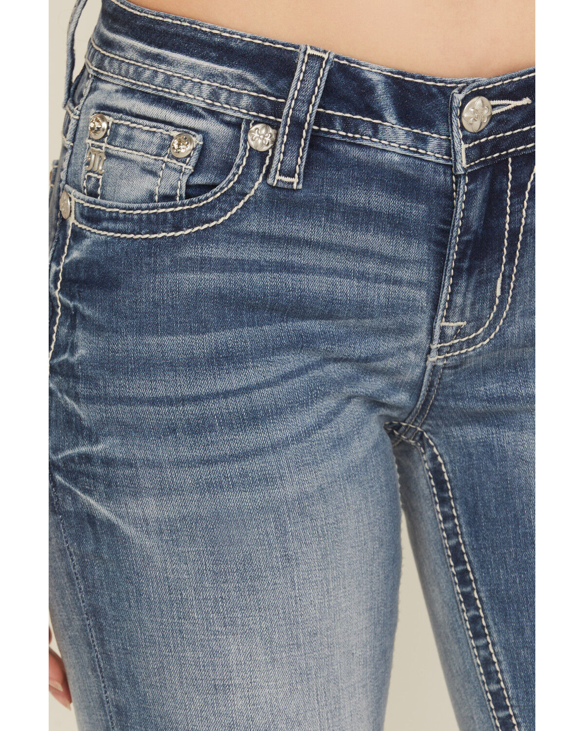Image #4 - Miss Me Women's Medium Wash Mid Rise Americana Pocket Bootcut Stretch Denim Jeans, Medium Wash, hi-res
