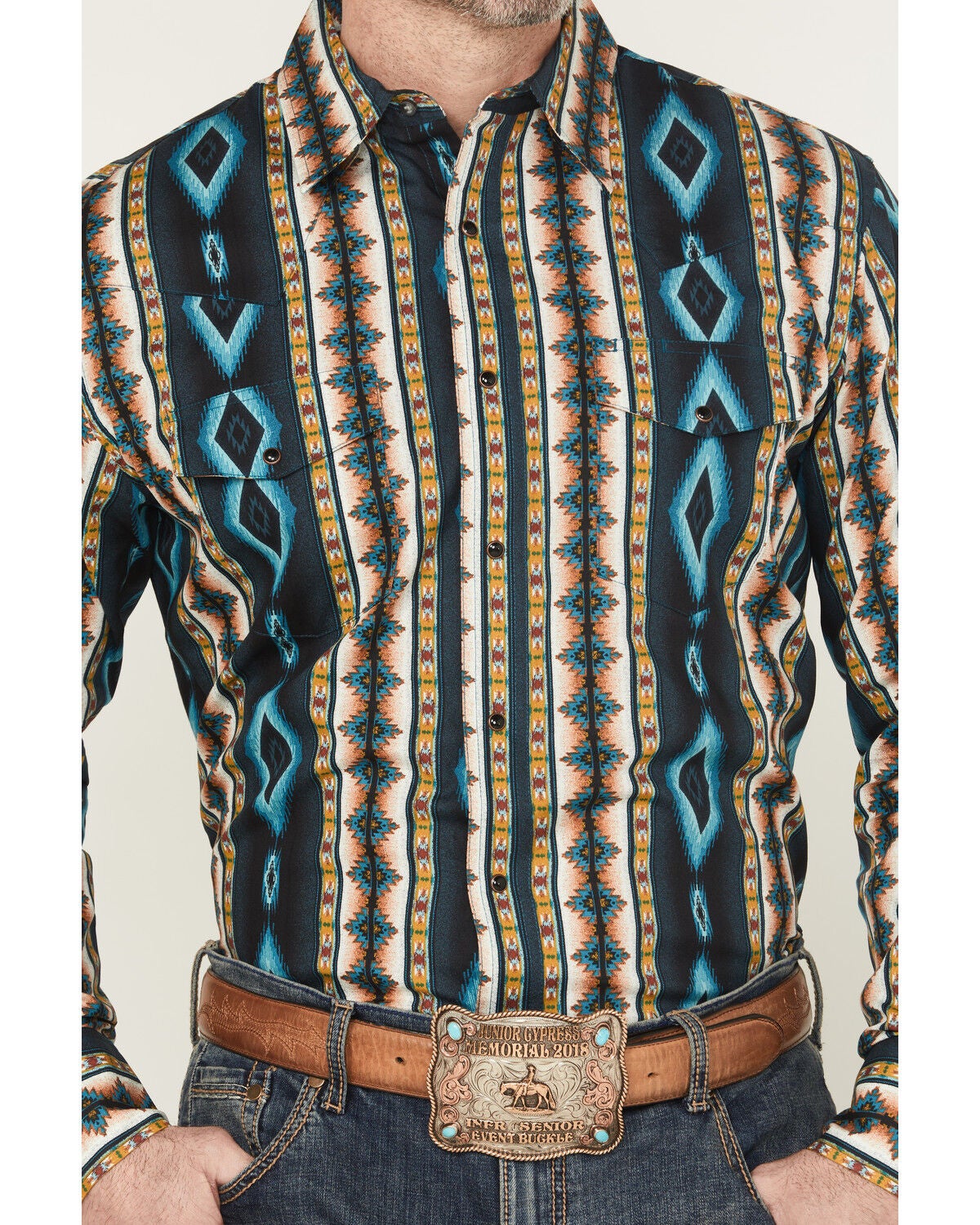 Image #3 - Wrangler Men's Checotah Southwestern Print Long Sleeve Snap Western Shirt - Tall, Teal, hi-res