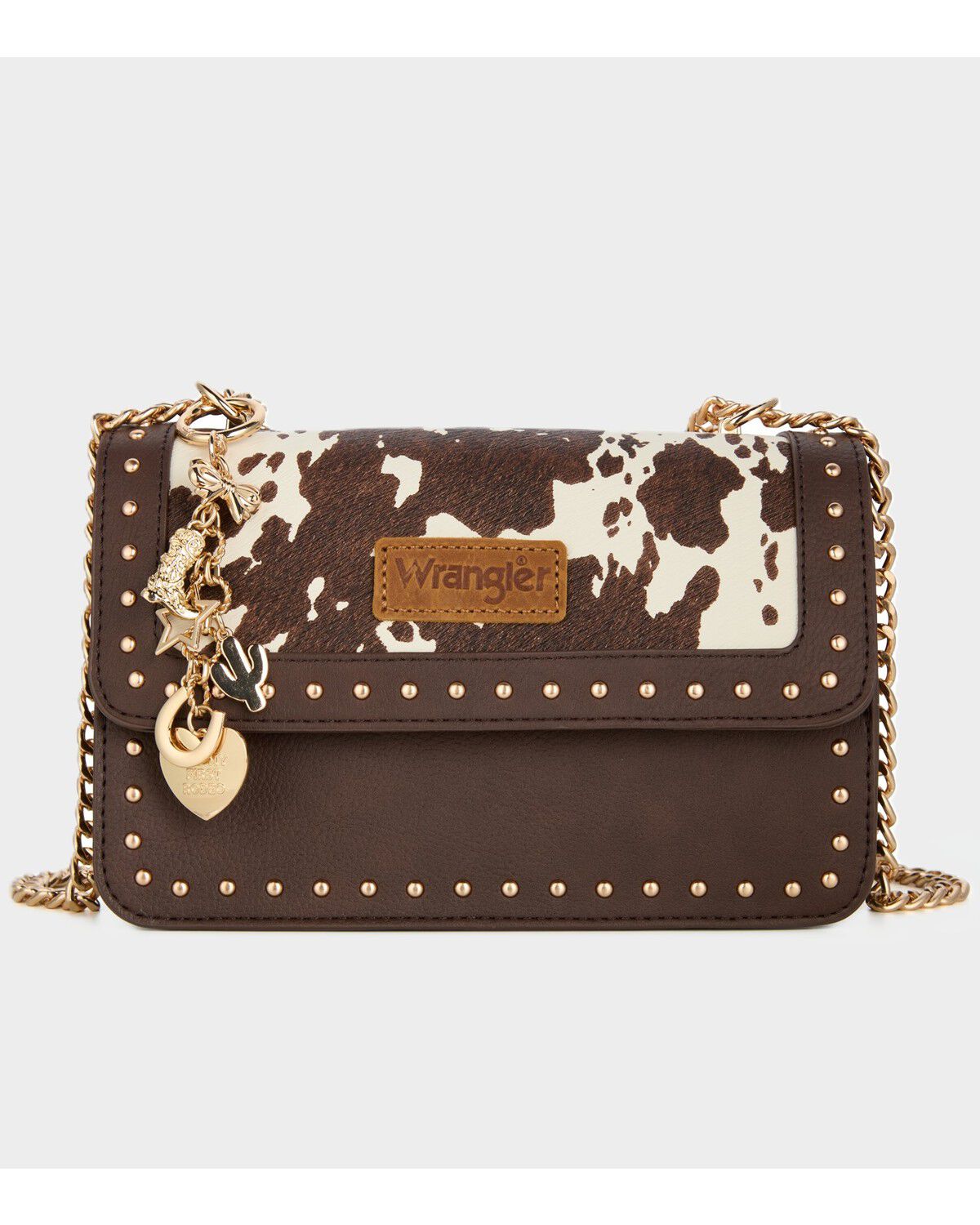 Image #1 - Wrangler X Boot Barn Women's Cow Print Shoulder Bag with Charm, Coffee, hi-res