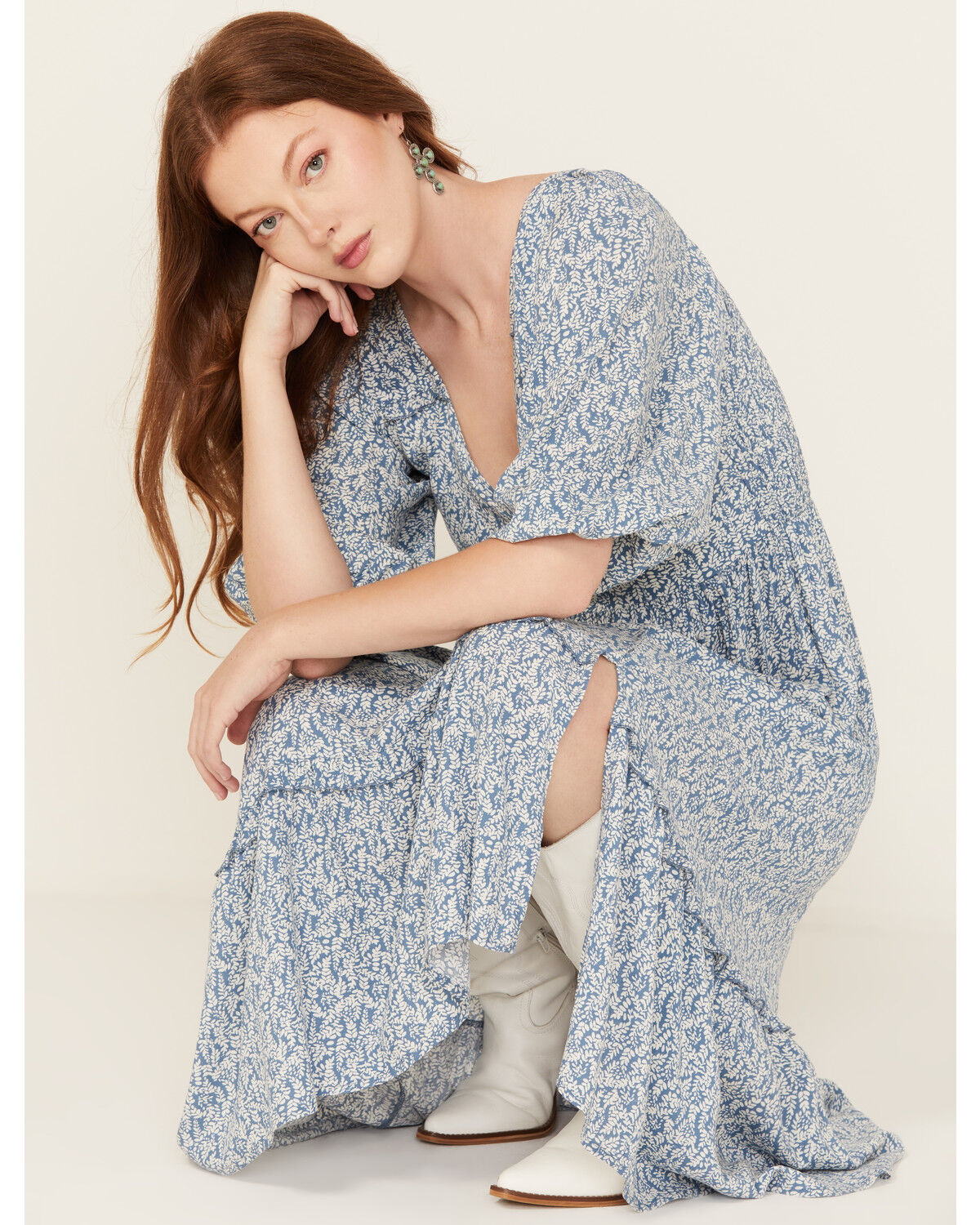 Image #2 - Wild Moss Women's Printed Front Twist Midi Dress, Blue, hi-res