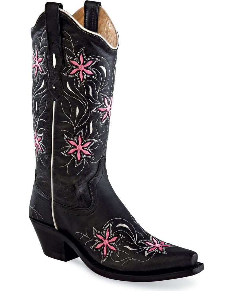 Old West Women's Black Pink Floral Embroidered Boots - Snip Toe , Black, hi-res